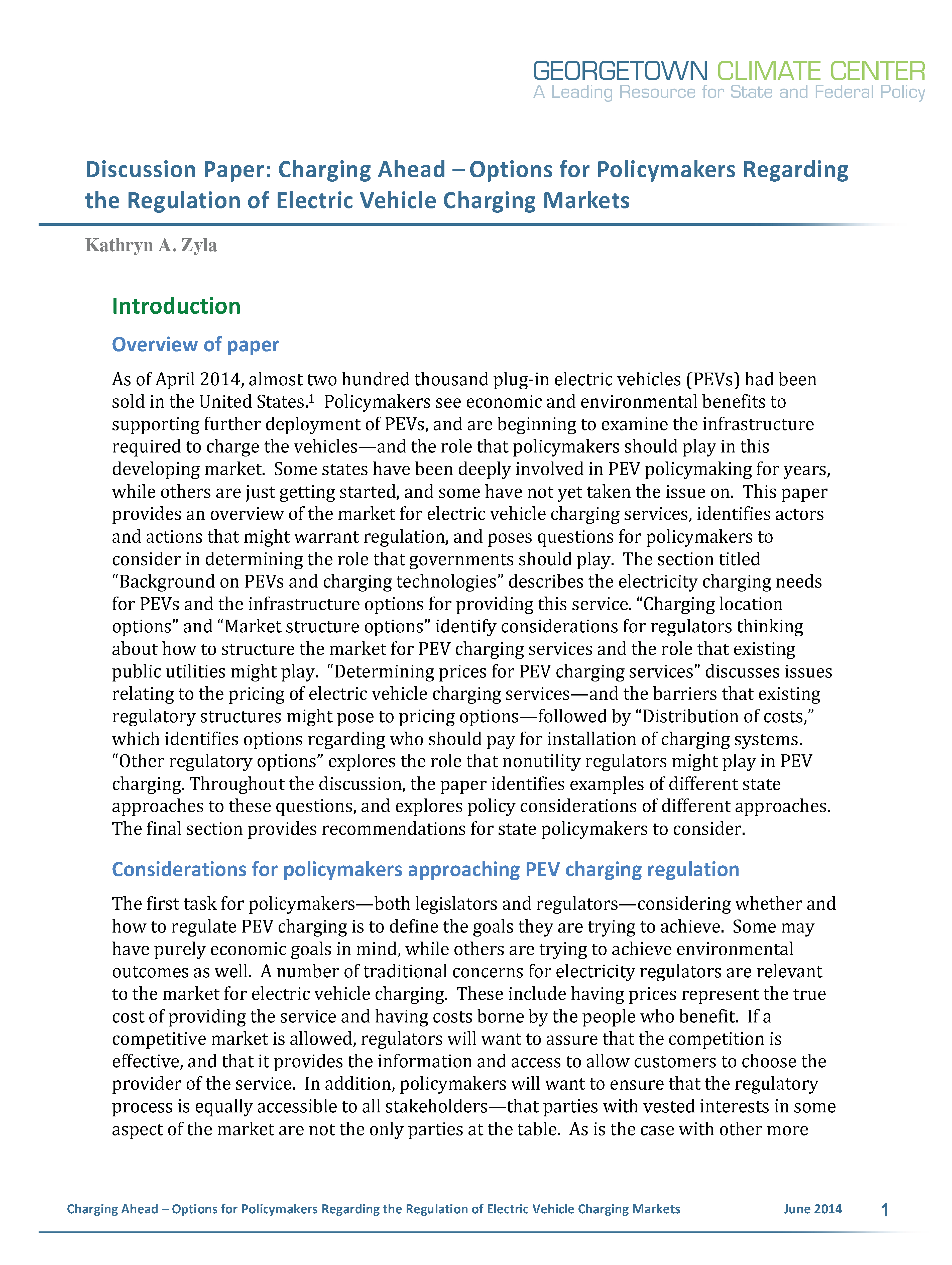Charging Ahead – Options for Policymakers Regarding the Regulation of Electric Vehicle Charging Markets